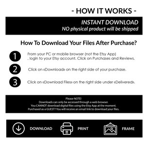 Pode incluir: Um fundo branco com texto preto que explica como baixar arquivos digitais ap&oacute;s a compra no Etsy. O texto inclui instru&ccedil;&otilde;es para fazer login na sua conta do Etsy, clicar em Compras e avalia&ccedil;&otilde;es, clicar em "Baixar" do lado direito da sua compra e clicar em "Baixar arquivos" do lado direito abaixo de "Entregue". O texto tamb&eacute;m inclui uma nota que indica que os downloads s&oacute; podem ser acessados atrav&eacute;s de um navegador da web e que voc&ecirc; n&atilde;o pode baixar arquivos digitais usando o aplicativo Etsy no momento. O texto tamb&eacute;m inclui uma nota que indica que se voc&ecirc; comprou como convidado, receber&aacute; um link por e-mail para baixar seus arquivos.