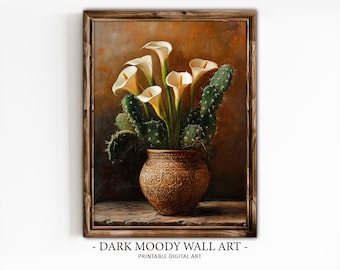 Vintage Calla Lily & Cactus Print, Printable Mexican Wall Art, Flower Still Life, Dark Moody Floral Cactus Print, Dark Academia Decor