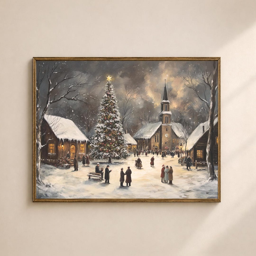 Christmas Village Wall Art Printable, Snowy Town Square Holiday Print ...