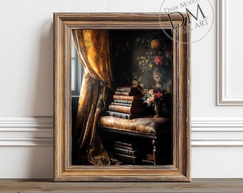 May include: A framed print featuring a vintage interior scene. The artwork depicts a stack of books on a patterned bench, a floral arrangement, and a draped curtain. The frame is a warm, golden brown.