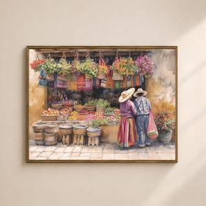 Mexican Market Scene Printable Wall Art, Rustic Colorful Fiesta Decor, Vintage Digital Download