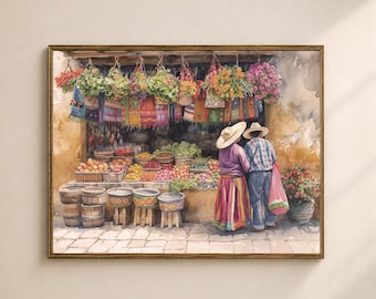 Mexican Market Scene Printable Wall Art, Rustic Colorful Fiesta Decor, Vintage Digital Download