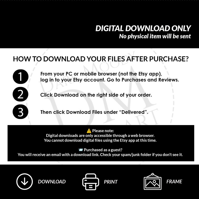 Puede incluir: Gr&aacute;fico en blanco y negro con instrucciones para descargar archivos digitales despu&eacute;s de la compra. El texto incluye "SOLO DESCARGA DIGITAL" y los pasos para descargar. Tambi&eacute;n se muestran iconos de descarga, impresi&oacute;n y marco.