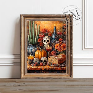 Impresión de calavera de azúcar mexicana, arte mural imprimible del Día de los Muertos, arte popular mexicano, decoración de cocina mexicana