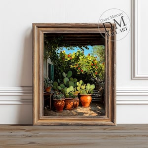 May include: A framed painting of a patio with potted cactus plants and a flowering vine. The patio is surrounded by a wooden pergola and the plants are in terracotta pots.