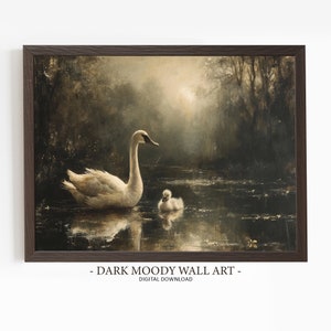 White Swan Painting, Moody Landscape Prints, Pond Painting, Dark Forest Cottagecore Art, Printable Rustic Wall Decor