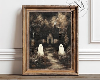 Haunted Cottage Halloween druckbare Wandkunst, Geister im dunklen Wald Gothic Print, digitaler Download