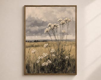 Wildflower Meadow Wall Art Printable, Moody Countryside Field Print, Rustic Living Room Decor