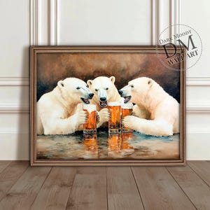 Polar Bears Drinking Beer, Printable Moody Wall Art, Humorous Animal Bar Scene Print, Digital Download