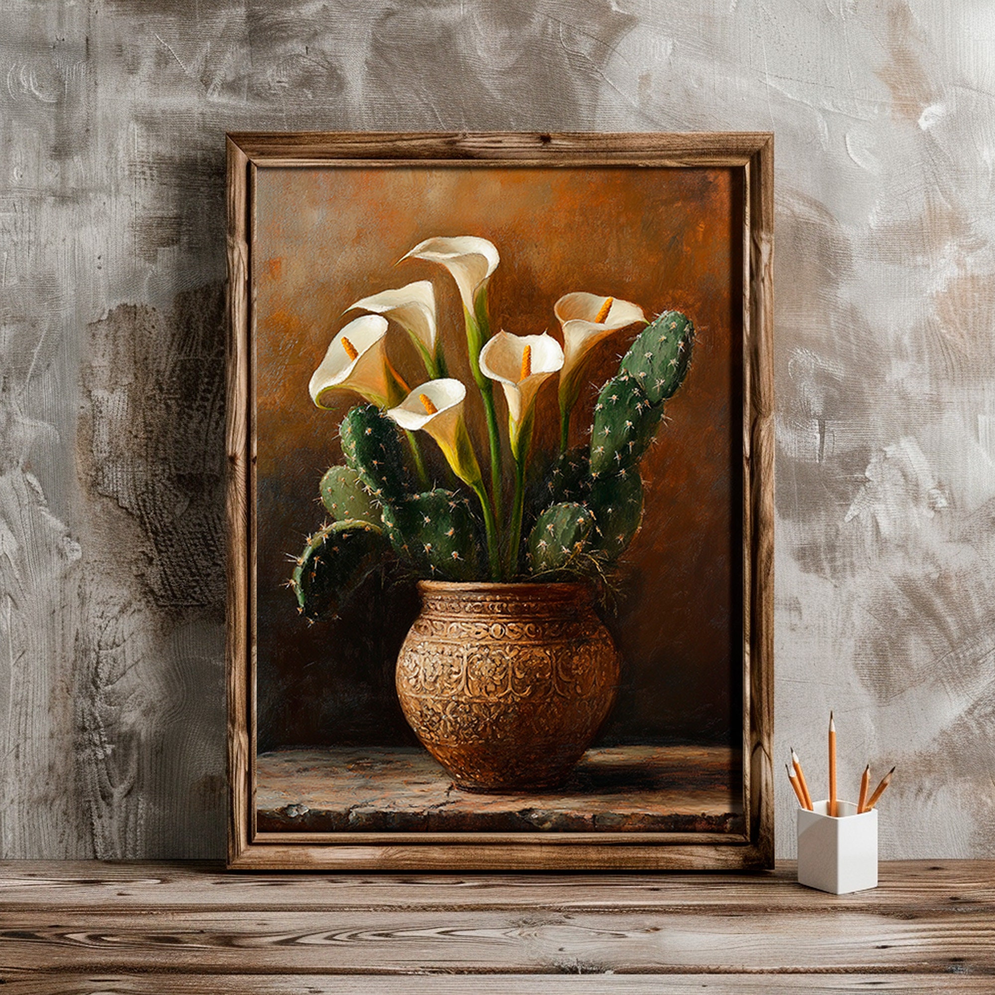 Calla Lily & Cactus Mexican Printable Wall Art, Rustic Moody Still