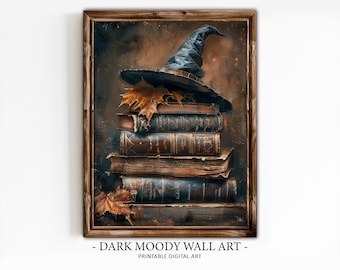 Witch Hat & Old Books Printable Wall Art, Gothic Dark Academia Decor, Digital Download