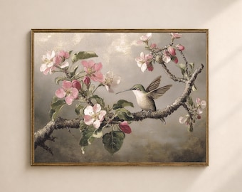 Kolibri Printable Wand Kunst, Vintage Vogel und Blüten Print, Cottage Wohnzimmer Dekor