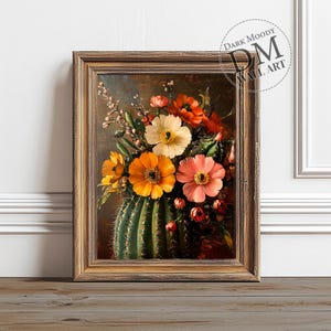 May include: A framed painting of a still life featuring a cactus with a variety of colorful flowers in shades of orange, yellow, pink, and white. The flowers are arranged in a vase-like shape, with the cactus serving as the base.