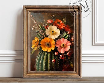 Vintage Cactus and Flowers Print, Printable Mexican Wall Art, Dark Academia Decor, Gothic Flower Still Life, Dark Moody Floral Cactus Print