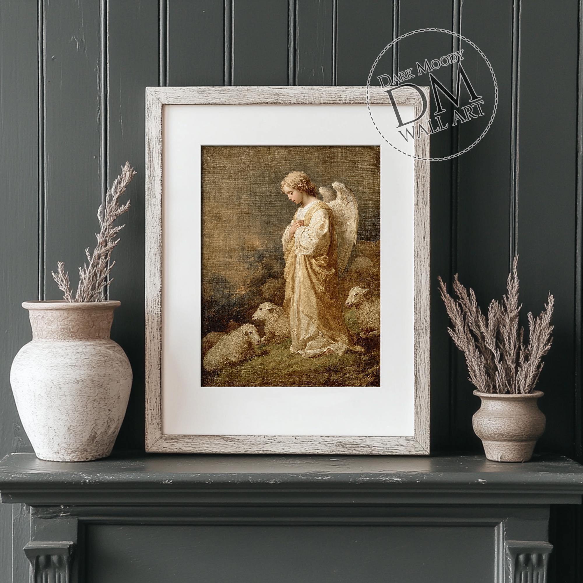 Angel With Sheep Printable Wall Art, Vintage Religious Pastoral Scene ...