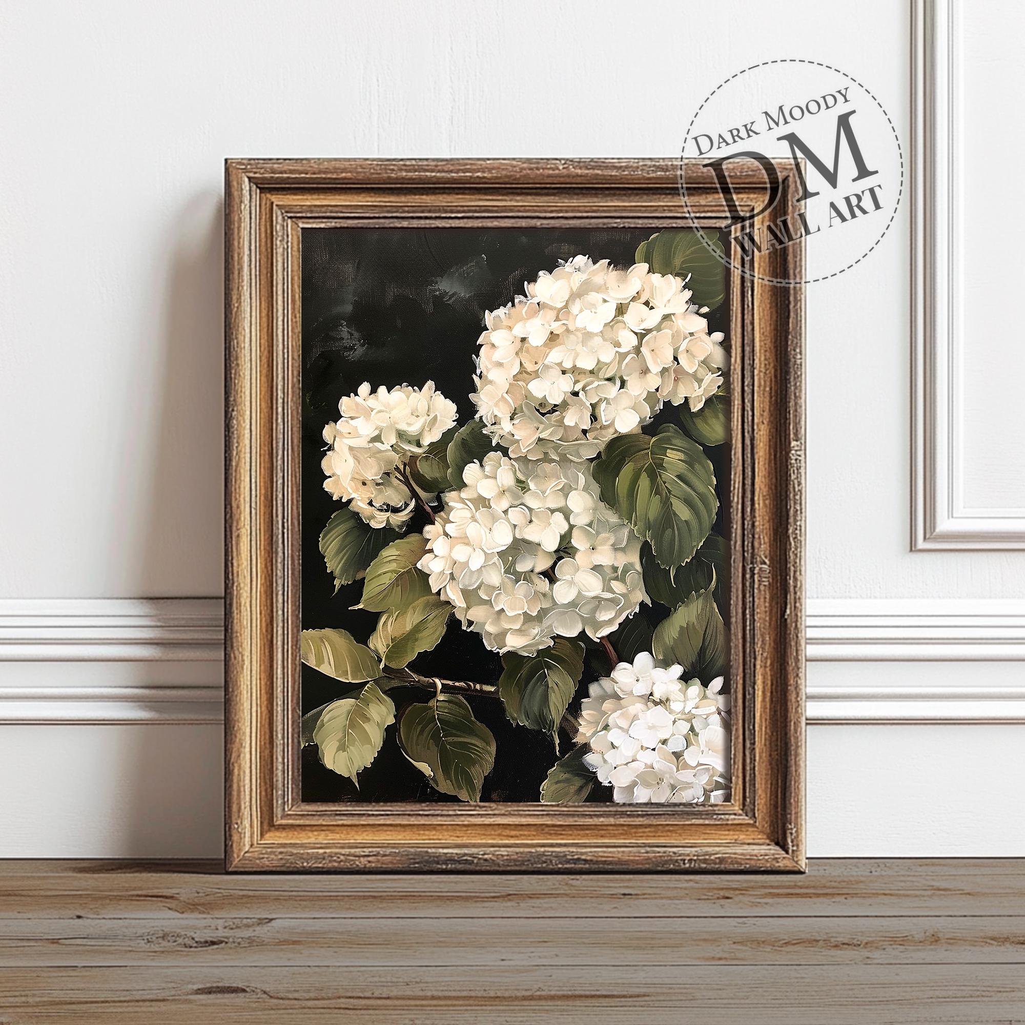 White Hydrangea Printable Wall Art, Dark Moody Floral Botanical Print ...