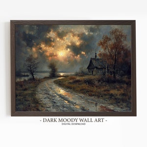 Moody Vintage Church Print, Dark Forest Road Landscape Painting, Digital Printable