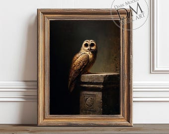 Art mural imprimable hibou gothique sombre salon, portrait animal maussade, téléchargement numérique