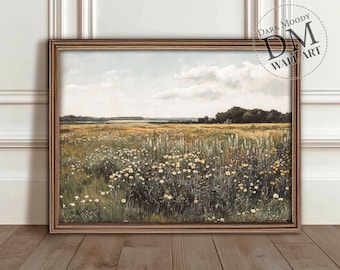 Wildflower Meadow Wall Art Printable, Vintage Countryside Landscape Print, Cottagecore Rustic Decor