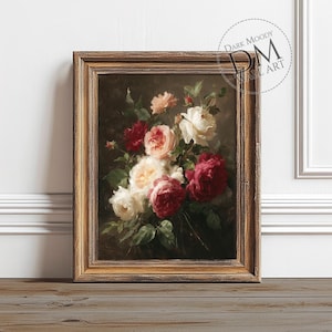 Vintage Rose Bouquet Painting: Dark Moody Floral Art (Digital Download)