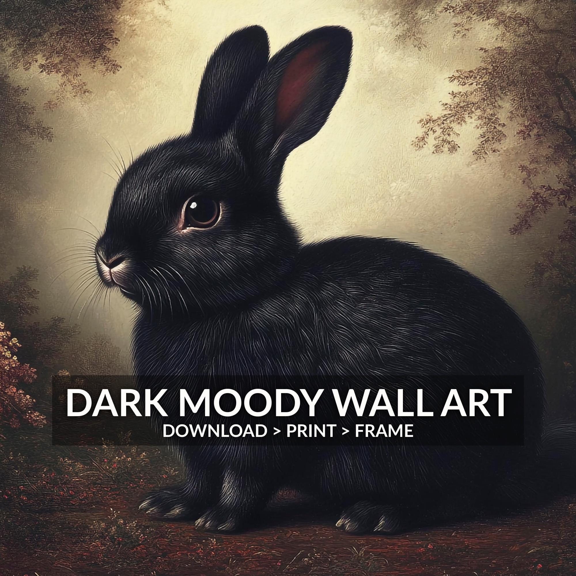 Black Rabbit Printable Wall Art, Gothic Woodland Animal Print