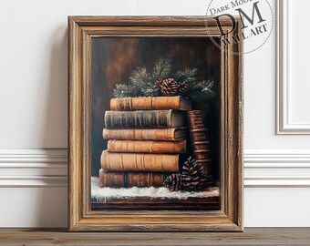 Winter Books Printable Wall Art, Dark Academia Christmas Still Life Print, Digital Download