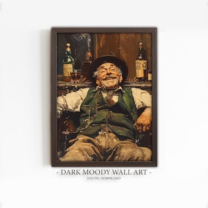 アイルランドのパブにいる老人、バーの壁アート、アイルランドの絵画、ダークでムーディーなアート、印刷可能な壁アート、デジタルダウンロード