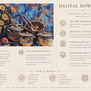 May include: Digital download of a still life painting featuring pottery, fruit, and flowers. The artwork includes a variety of ceramic pots with intricate designs, ripe red fruit, and vibrant yellow flowers. The text "DIGITAL DOWNLOAD" is at the top.