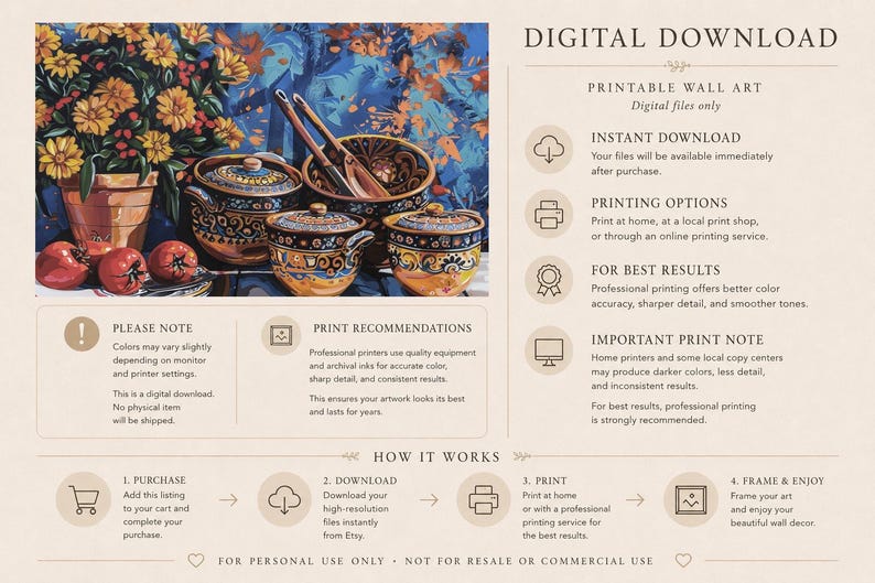 May include: Digital download of a still life painting featuring pottery, fruit, and flowers. The artwork includes a variety of ceramic pots with intricate designs, ripe red fruit, and vibrant yellow flowers. The text "DIGITAL DOWNLOAD" is at the top.