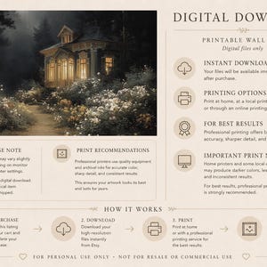 May include: Digital download of printable wall art. The image features a detailed painting of a house with lit windows in a forest setting. The artwork has a vintage aesthetic, with a path leading to the house.