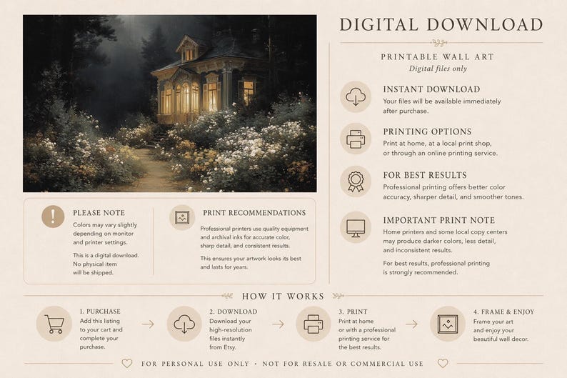 May include: Digital download of printable wall art. The image features a detailed painting of a house with lit windows in a forest setting. The artwork has a vintage aesthetic, with a path leading to the house.