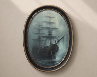 Ghost Pirate Sailing Ship Painting, Haunted Poster, Dark Academia Print, Printable Digital Decor