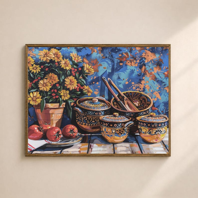 May include: A framed still life painting featuring a terracotta pot with yellow flowers, red tomatoes, and decorative ceramic bowls with lids. The bowls have blue and gold patterns, and wooden spoons rest in a larger bowl.