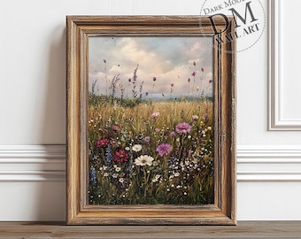 Wildflower Meadow Printable Wall Art, Moody Floral Field Landscape Print, Digital Download