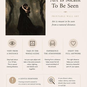 May include: A printable wall art guide featuring a dark forest painting of a couple embracing under hanging lanterns. The text reads: Art Is Meant To Be Seen, Printable Wall Art, View From A Distance, Take In The Whole Scene, Experience The Atmosphere, Enjoy The Full Artwork, A Gentle Reminder, and Step Back And Enjoy The Artwork As It Was Meant To Be Seen.