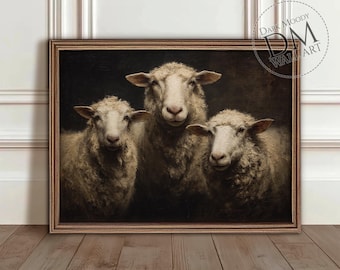 Afdrukbare muurkunst schapentrio, rustieke boerderij dierenportret humeurige kunstprint, vintage digitale download