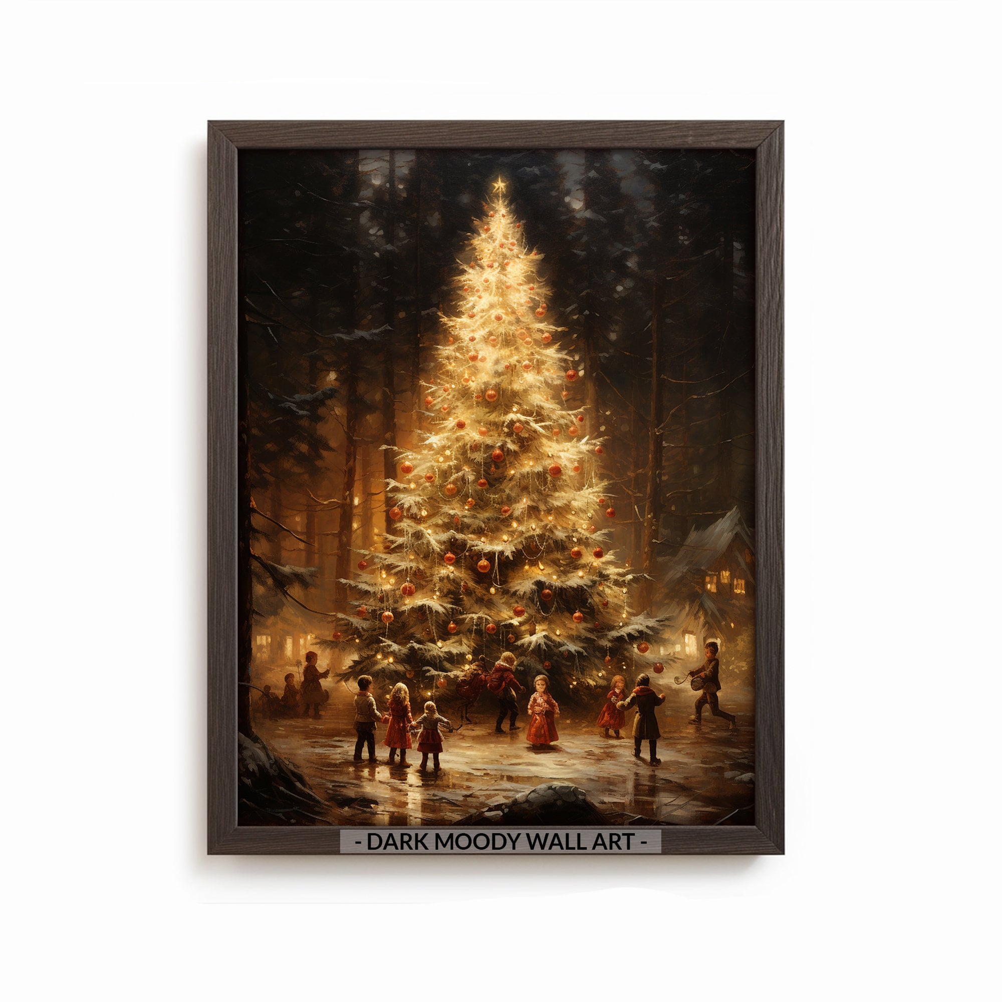 Victorian Children Christmas Tree Print, Printable Moody Wall Art, Vintage Forest Holiday Scene Print, Digital Download