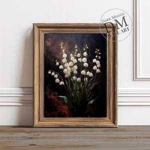 Lilies of the Valley Dark Moody Wall Art - Floral Vintage Flower Still Life Dark Academia Decor Antique Dark Oil Painting
