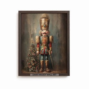 May include: A framed painting of a vintage nutcracker soldier standing next to a small Christmas tree. The nutcracker is wearing a blue and red uniform with gold accents and a tall, gold hat. The background is a dark, wood-panelled wall. The painting is titled "Dark Moody Wall Art".