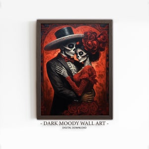 Pareja de esqueletos del Día de Muertos, arte mural imprimible de estilo oscuro y melancólico, impresión romántica gótica mexicana, descarga digital