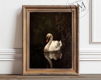 Swan Wall Art Printable, Dark Moody Lake Bird Print, Gothic Cottagecore Decor