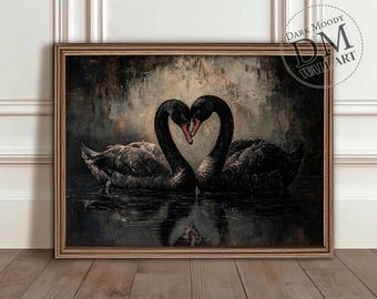 Black Swans Printable Wall Art, Gothic Symbolic Animal Print, Vintage Digital Download