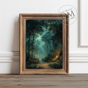May include: A framed art print depicts a serene forest scene with a path leading into the distance. The artwork features lush green trees, a soft glow, and a crescent moon in the sky. The frame is a warm, golden brown color, adding to the artwork's aesthetic.