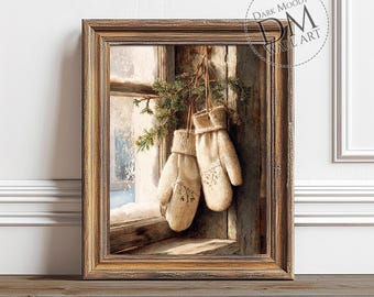 Vintage Christmas Mittens Printable Wall Art, Rustic Winter Window Decor Print, Vintage Digital Download