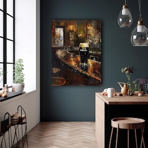 K&ouml;nnte beinhalten: Ein Gem&auml;lde, das eine Bar-Szene mit einem Glas Guinness auf der Theke zeigt. Die Bar ist aus dunklem Holz und hat eine warme, einladende Atmosph&auml;re. Das Gem&auml;lde ist in einem realistischen Stil gehalten, mit Liebe zum Detail in der Bar und dem Glas Bier.