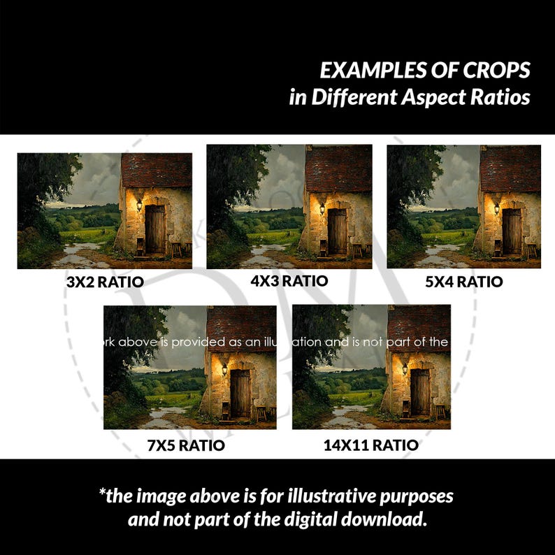 May include: An image showcasing examples of crops in different aspect ratios. The image includes a painting of a building with a door and a light, with the text "EXAMPLES OF CROPS in Different Aspect Ratios".