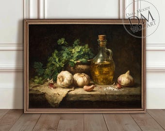 Italiaanse rustieke keuken knoflook afdrukbare muurkunst, humeurige olijfolie eten print, vintage digitale download