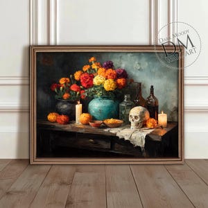 Алтарь Dia de Muertos, распечатанный в темном мрачном стиле, натюрморт с мексиканскими бархатцами, цифровая загрузка