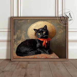黒猫のウォールアートプリント、麦わら帽子をかぶったヴィンテージ猫の肖像画、ゴシックコテージコア装飾