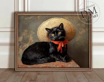 Black Cat Wall Art Printable, Vintage Cat Portrait With Straw Hat, Gothic Cottagecore Decor